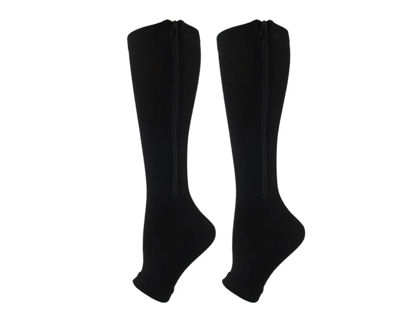 1 Pair Compression Stockings Exquisite Pattern Breathable Cotton Open Toe Zipper Compression Stockings Leg Sleeve for Girl-Black