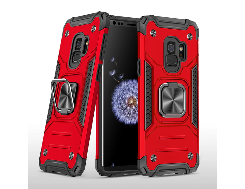 MCC Shockproof Samsung Galaxy S9 Heavy Duty Tough Case Cover Ring Holder [Red]