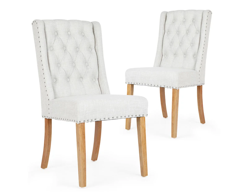 Set of 2 Wingback Dining Chairs (Beige Fabric / Natural Legs)