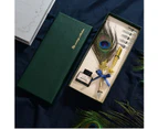 Calligraphy Pen Set 8pce Peacock Feather 6 Nibs, Ink & Pen Holder Gift Box - Green