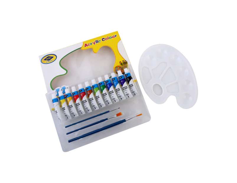 Acrylic Painting Set 16pce Kit with 3 Brushes, Palette Beginner Starter Bundle - Multiple