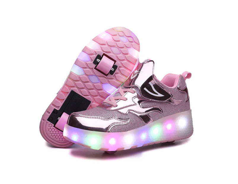 Roller Skate Sneaker Double Wheeled Rechargeable LED Flash Light Roller Shoes For Kids  E67 Pink