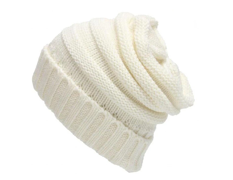 Unisex Winter Thick Warm Stretchy Woolen Yarn Knitted Beanie Hat Headwear - White