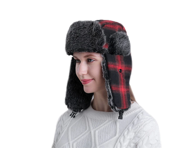 Unisex Ear Warmer Thick Winter Lei Feng Lattice Plaid Trapper Hat for Cycling - Red
