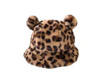 Bucket Hat Bear Ear Ball Thickened Autumn Winter Leopard Plush Ball Basin Cap - Leopard 2