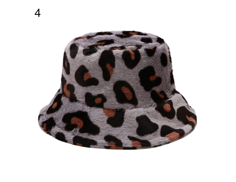 Bucket Hat Leopard Print Foldable Autumn Winter Thickened Plush Windproof Fisherman Cap - 4