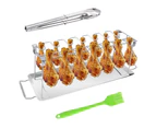 Chicken Leg Wing Grill Rack, 14 Slots Stainless Steel Roaster Stand with Drip Pan, Kitchen Tong and Silicone Basting Brush