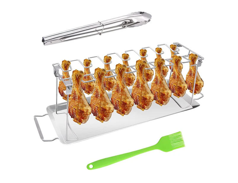 Chicken Leg Wing Grill Rack, 14 Slots Stainless Steel Roaster Stand with Drip Pan, Kitchen Tong and Silicone Basting Brush