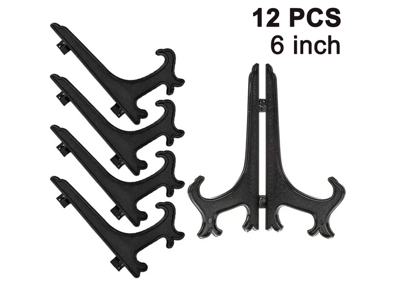 12Pcs 6 Inch Plastic Easels Plate Racks,Folding Plates, Display Stands - Black