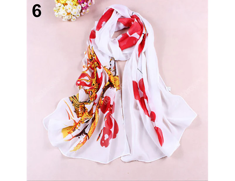 Women's Ink Painting Chiffon Flower Printed Wrap Shawl Stole Long Scarf - Red