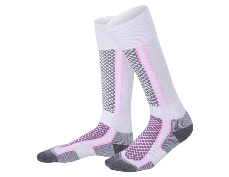 Men Women Winter Outdoor Sports Snowboard Skiing Thicken Warm Thermal Tube Socks-Pink White
