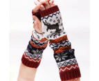 1 Pair Women Arm Warmer Deer Snowflake Knitted Autumn Winter Thick Warm Oversleeve Gloves for Christmas - Wine Red