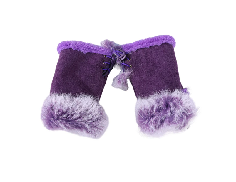 1 Pair Women Gloves Faux Rabbit Fur Half Finger Autumn Winter Coldpoof Drawstring Gloves for Vacation - Purple