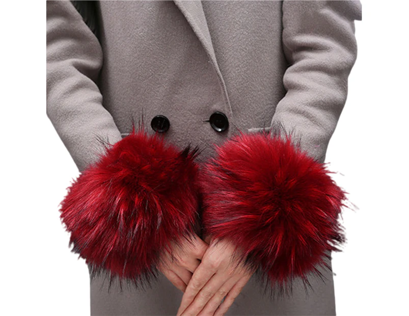 1 Pair Women Cuffs Faux Fur Autumn Winter Windproof Fluffy Wristbands for Daily Wear - Wine Red