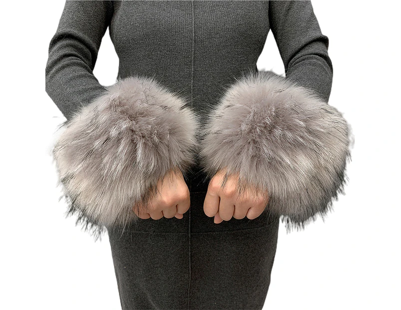1 Pair Women Cuffs Faux Fur Autumn Winter Windproof Fluffy Wristbands for Daily Wear - Black Gray