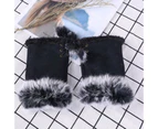 1 Pair Women Gloves Faux Rabbit Fur Half Finger Autumn Winter Coldpoof Drawstring Gloves for Vacation - Black