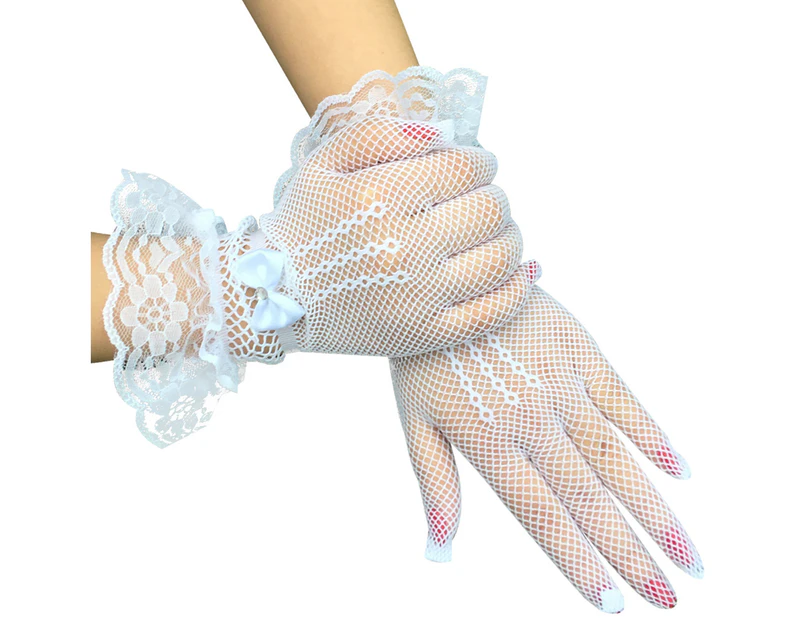 1 Pair Wedding Gloves Bowknot Rhinestone Elegant Good Elasticity Lace Gloves for Prom - White
