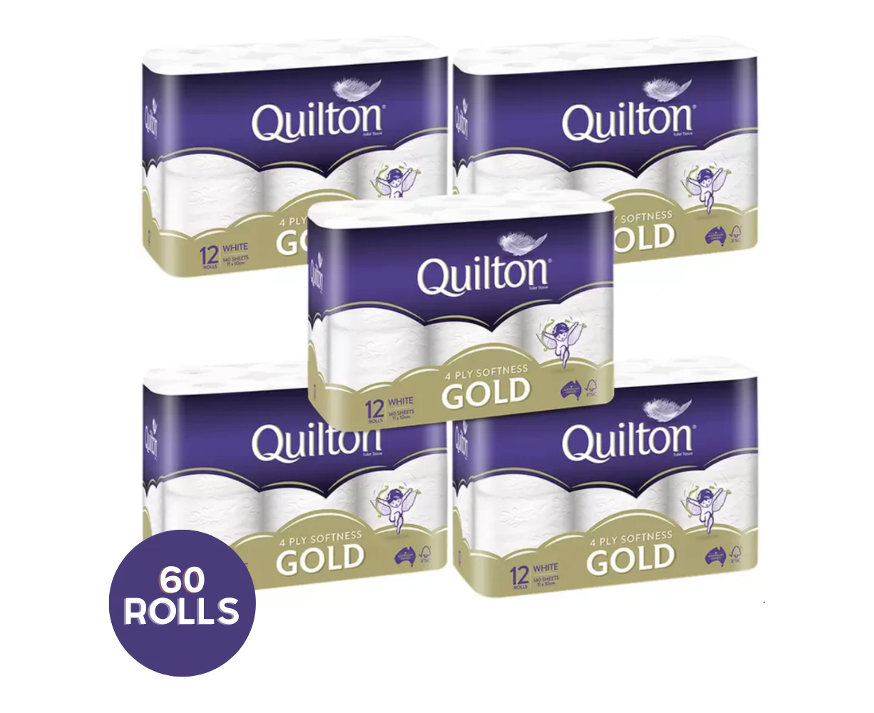 60X Quilton Gold Toilet Paper Tissue Rolls 4-Ply 140 Sheets Soft Roll White