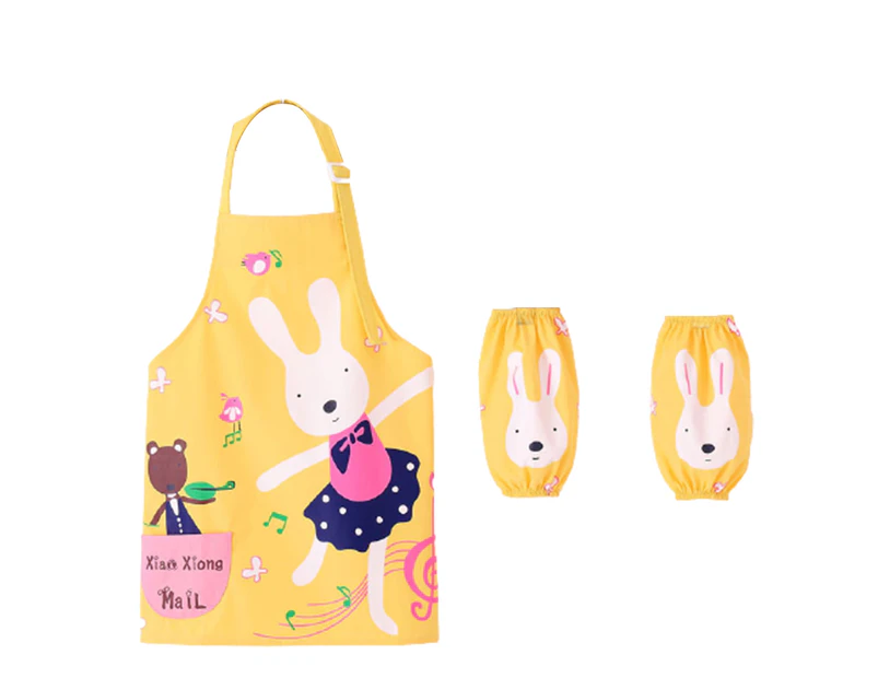 3Pcs/Set Kids Apron Cartoon Animal Print Waterproof Breathable Children Baking Apron with Sleeves for Christmas Gift-Yellow 120 Rabbit