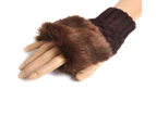 Women Faux Rabbit Fur Hand Wrist Warmer Winter Fingerless Knitted Gloves - Coffee