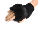 Women Faux Rabbit Fur Hand Wrist Warmer Winter Fingerless Knitted Gloves - Black