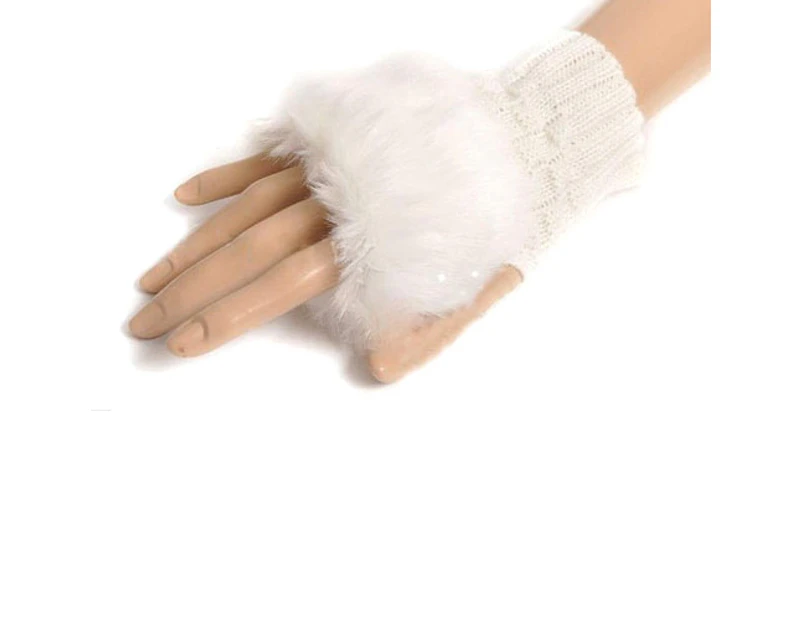 Women Faux Rabbit Fur Hand Wrist Warmer Winter Fingerless Knitted Gloves - White