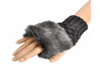 Women Faux Rabbit Fur Hand Wrist Warmer Winter Fingerless Knitted Gloves - Dark Grey