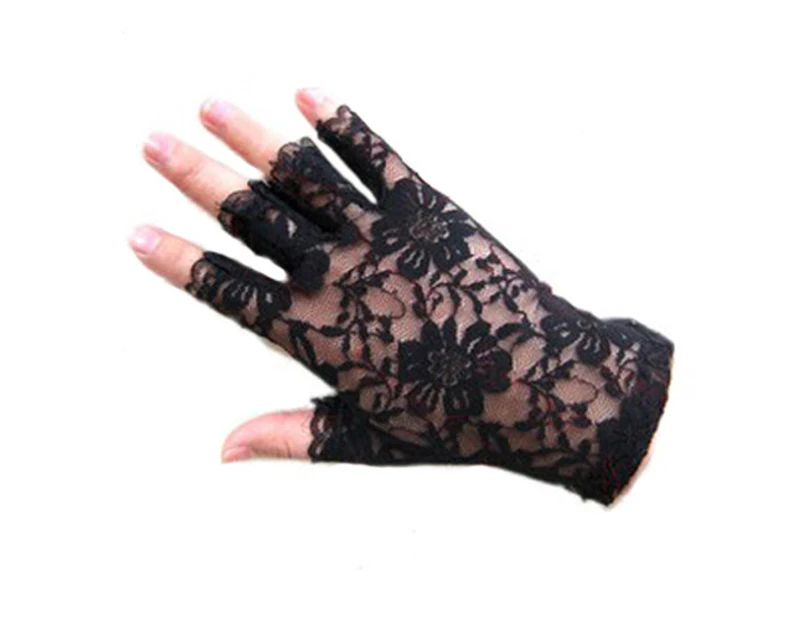 Women Gothnic Party Sexy Dressy Lace Gloves Fingerless Black White Mittens - Black