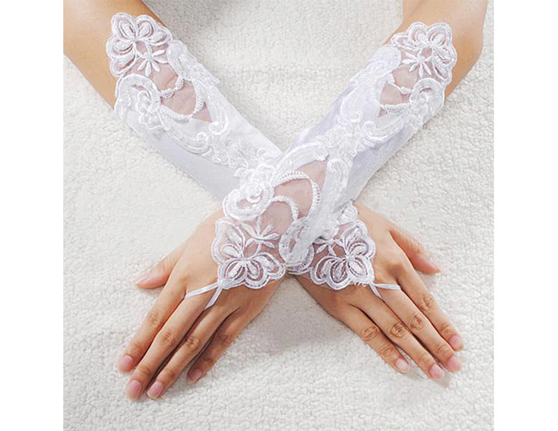 Women Faux Pearl Lace Gloves Bride Fingerless Wedding Party Bridal Dress Glove - White