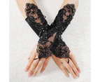Women Faux Pearl Lace Gloves Bride Fingerless Wedding Party Bridal Dress Glove - Black