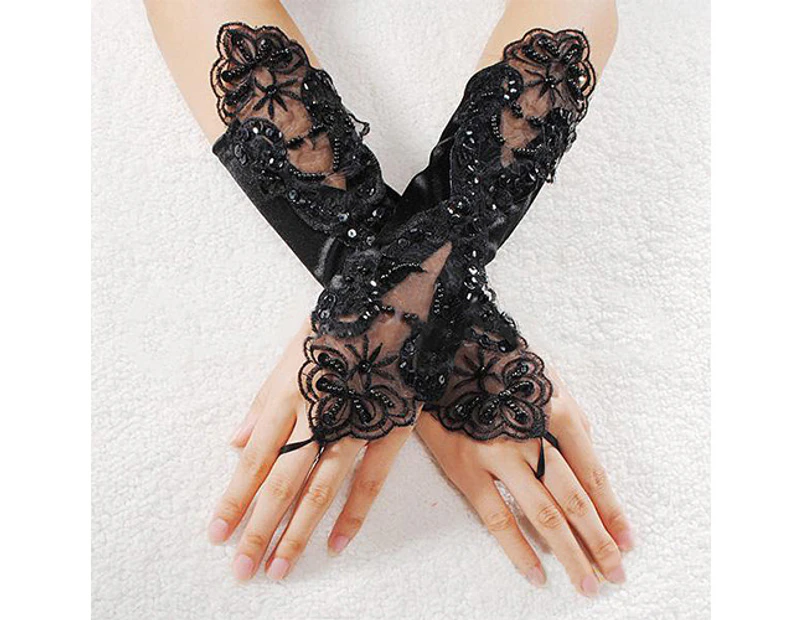 Women Faux Pearl Lace Gloves Bride Fingerless Wedding Party Bridal Dress Glove - Black