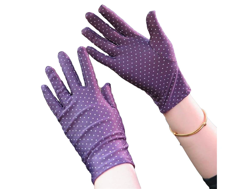 Summer Driving Women Dots Print Sun Protection Gloves Elastic Mittens - Purple