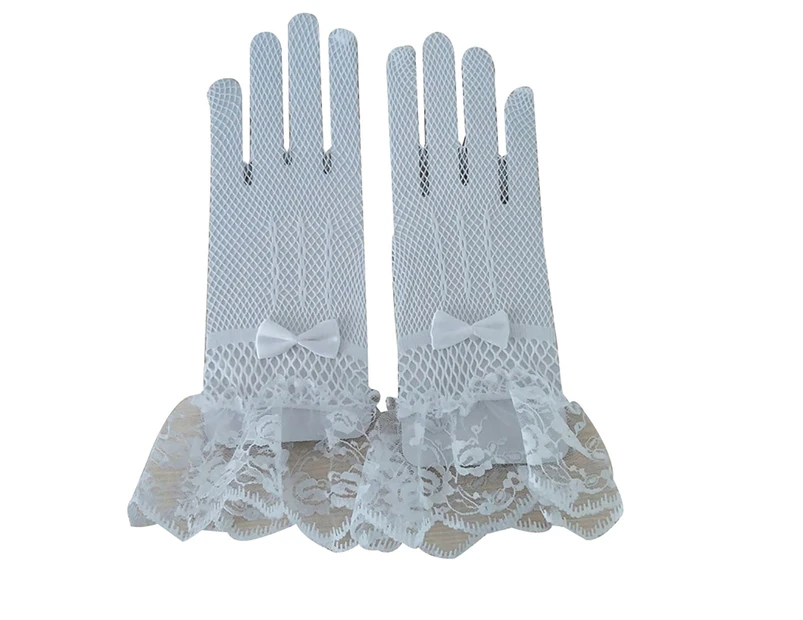 Lace Mesh Bowknot Bride Full Finger Gloves Bridal Wedding Dress Accessories - White