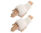 Women Fingerless Mittens Faux Fur Winter Warm Thicken Knitted Half Finger Gloves - White