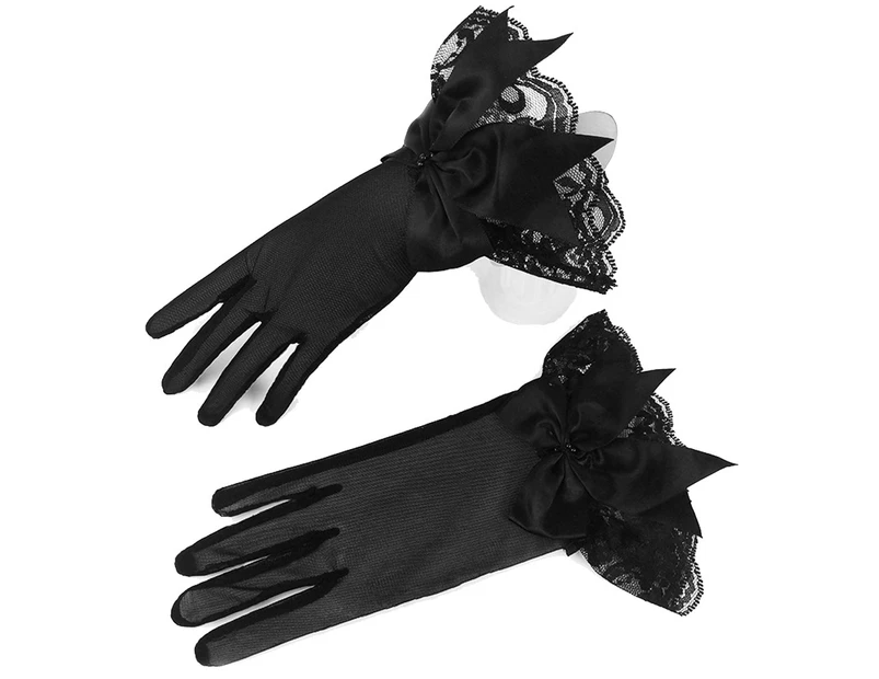 Evening Party Women Bridal Wedding Prom Lace Trim Bowknot Finger Short Gloves - Black