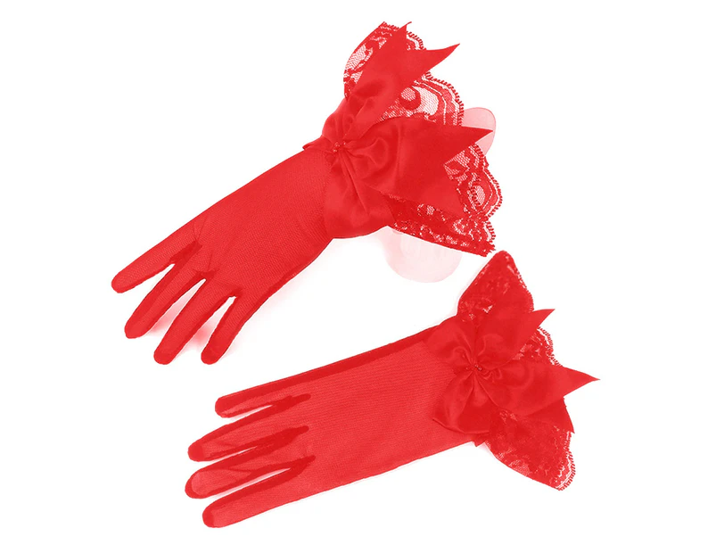 Evening Party Women Bridal Wedding Prom Lace Trim Bowknot Finger Short Gloves - Red