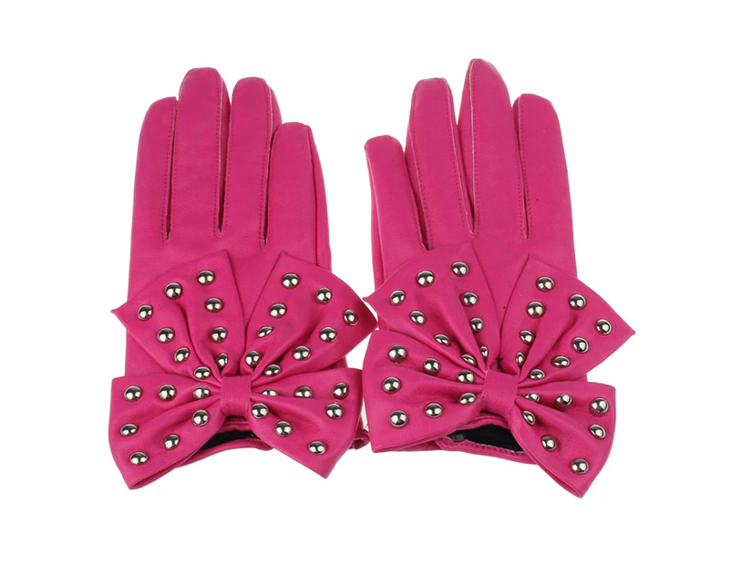 Motorcycle Women Rivets Bow Faux Leather Gloves Full Finger Mittens - Pink with Rivet