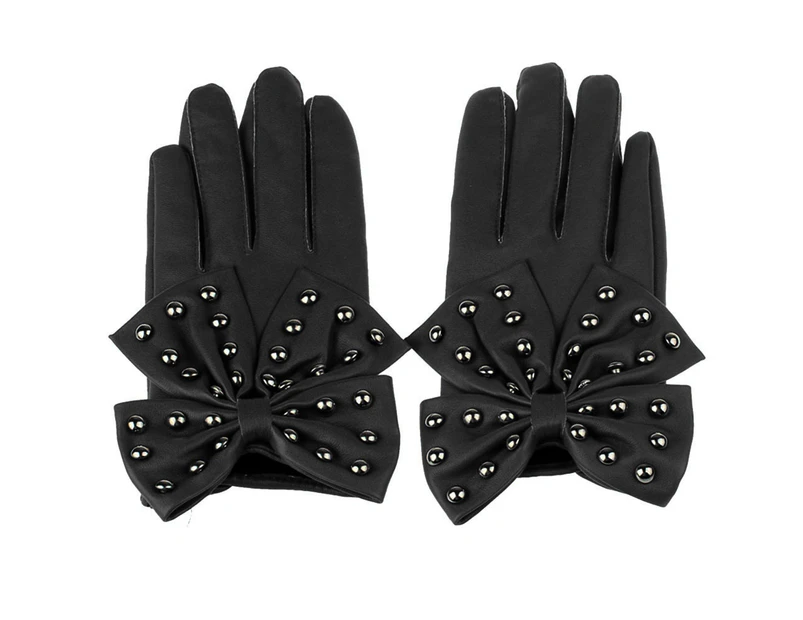 Motorcycle Women Rivets Bow Faux Leather Gloves Full Finger Mittens - Black with Rivet