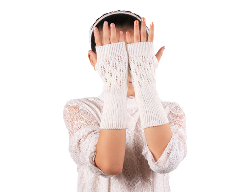Warm Women High Elastic Hollow Leaves Fingerless Long Knitted Gloves - White