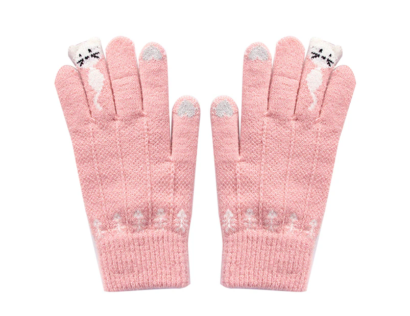 Winter Women Cartoon Cats Touch Screen Gloves Full Finger Knitted Mittens - Pink