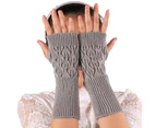 Warm Women High Elastic Hollow Leaves Fingerless Long Knitted Gloves - Light Gray