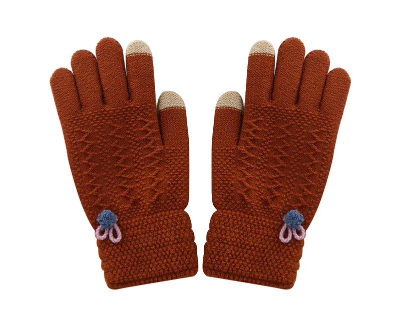 Winter Women Touch Screen Gloves Pompom Thermal Full Finger Knitted Mittens - Brown