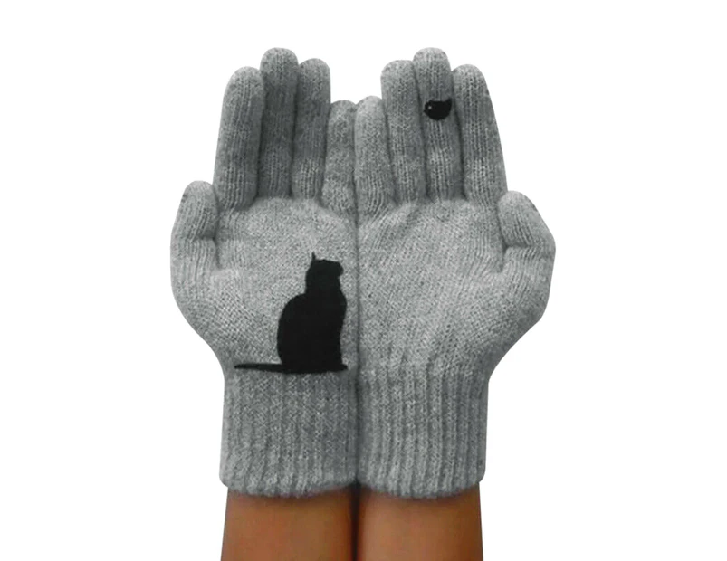 Women Cartoon Kitten Bird Warm Winter Thickened Knit Outdoor Full Finger Gloves - Grey