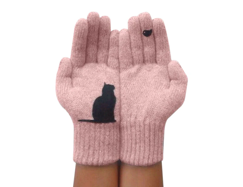 Women Cartoon Kitten Bird Warm Winter Thickened Knit Outdoor Full Finger Gloves - Pink