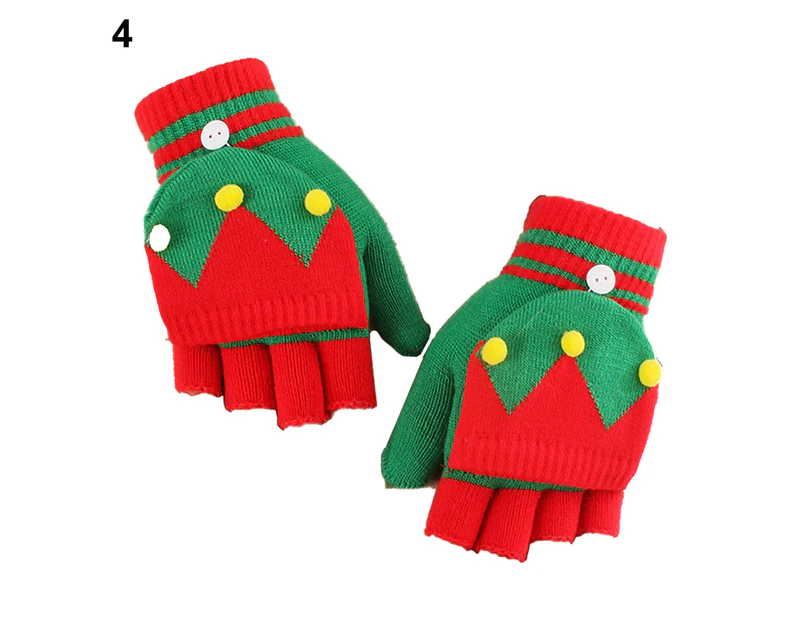 Elk Pattern Convertible Flip Top Women Gloves Winter Half Finger Thickened Warm Christmas Gloves - 4
