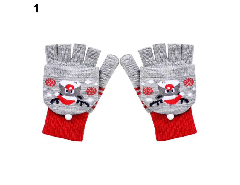Elk Pattern Convertible Flip Top Women Gloves Winter Half Finger Thickened Warm Christmas Gloves - 1