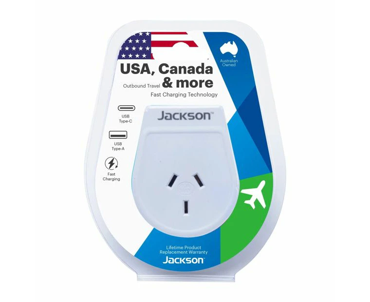 Jackson Travel Power Adaptor/Adapter AUS/NZ To USA & Canada w/ USB Type A/Type C