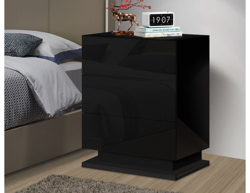 Alfordson Bedside Table Nightstand 3 Drawers 4 Side High Gloss Black