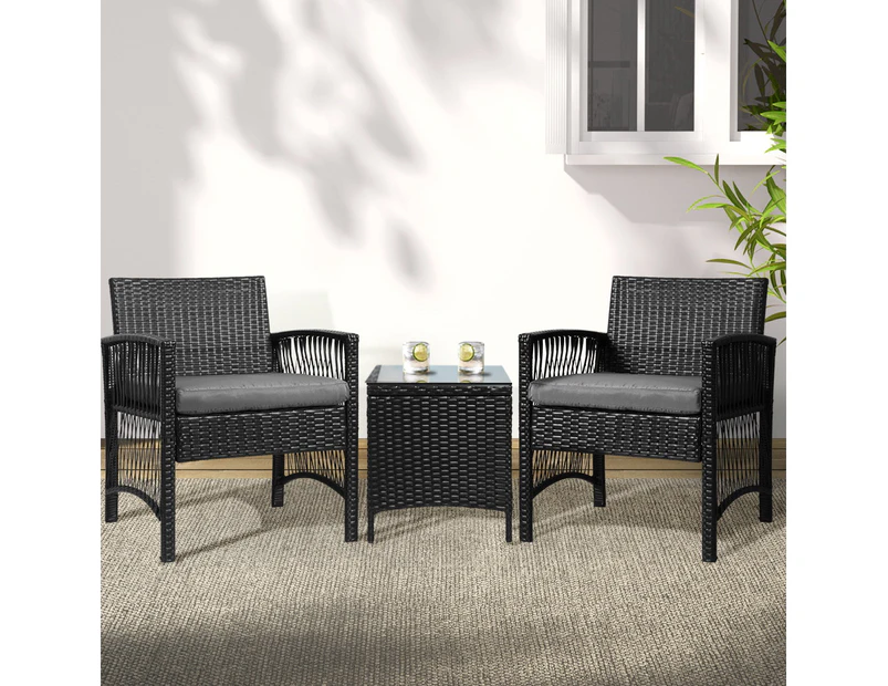 Gardeon 3PC Outdoor Bistro Set Patio Furniture Wicker Dining Chairs Table Cushion Black