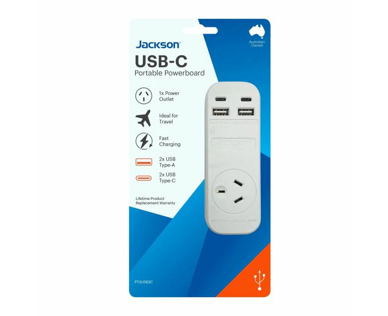 Jackson 14cm Power Board Outlet Socket w/ USB-C/Type-A Fast Charge Ports WHT